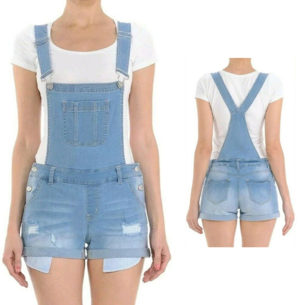 NEW Wax Jean Light Wash Distressed Short Overalls